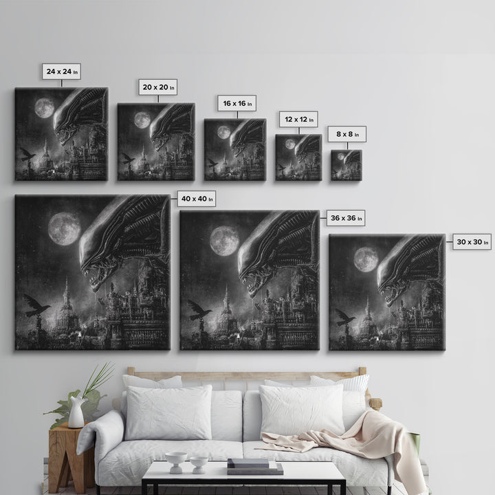 Monochrome Gothic Halloween, Biomechanical Horror Art, Square Wall Art, Gothic Horror Wall Art, Framed Canvas Print, Halloween Wall Art
