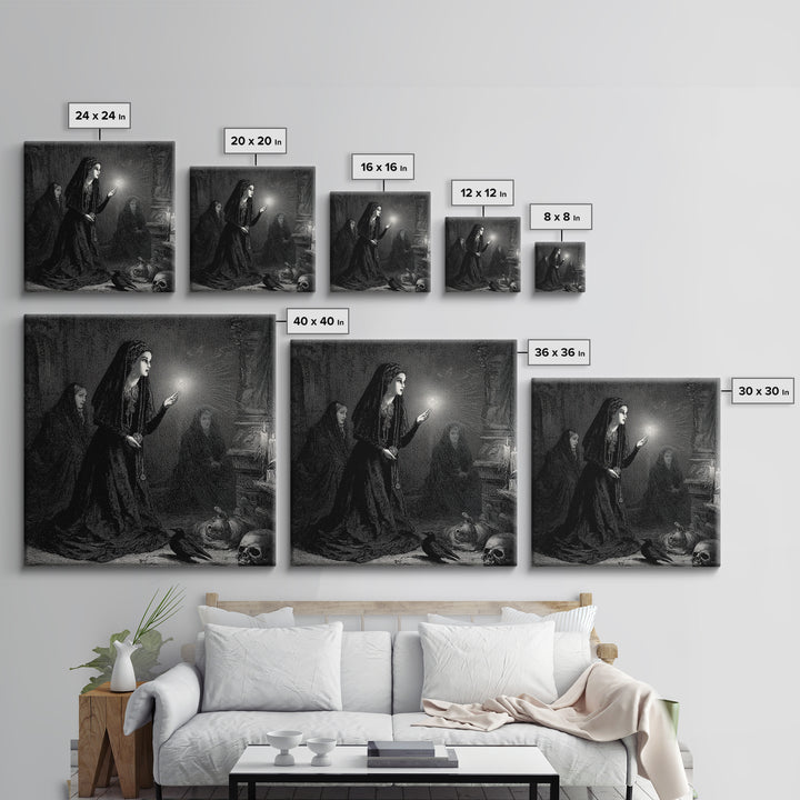 Victorian Mourning Halloween, Gothic Engraving Art, Square Wall Art, Dark Fantasy Wall Art, Canvas Print, Halloween Wall Art