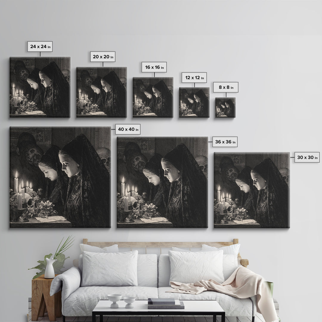 Victorian Mourning Halloween, Renaissance Engraving Art, Square Wall Art, Gothic Horror Wall Art, Canvas Print, Halloween Wall Art