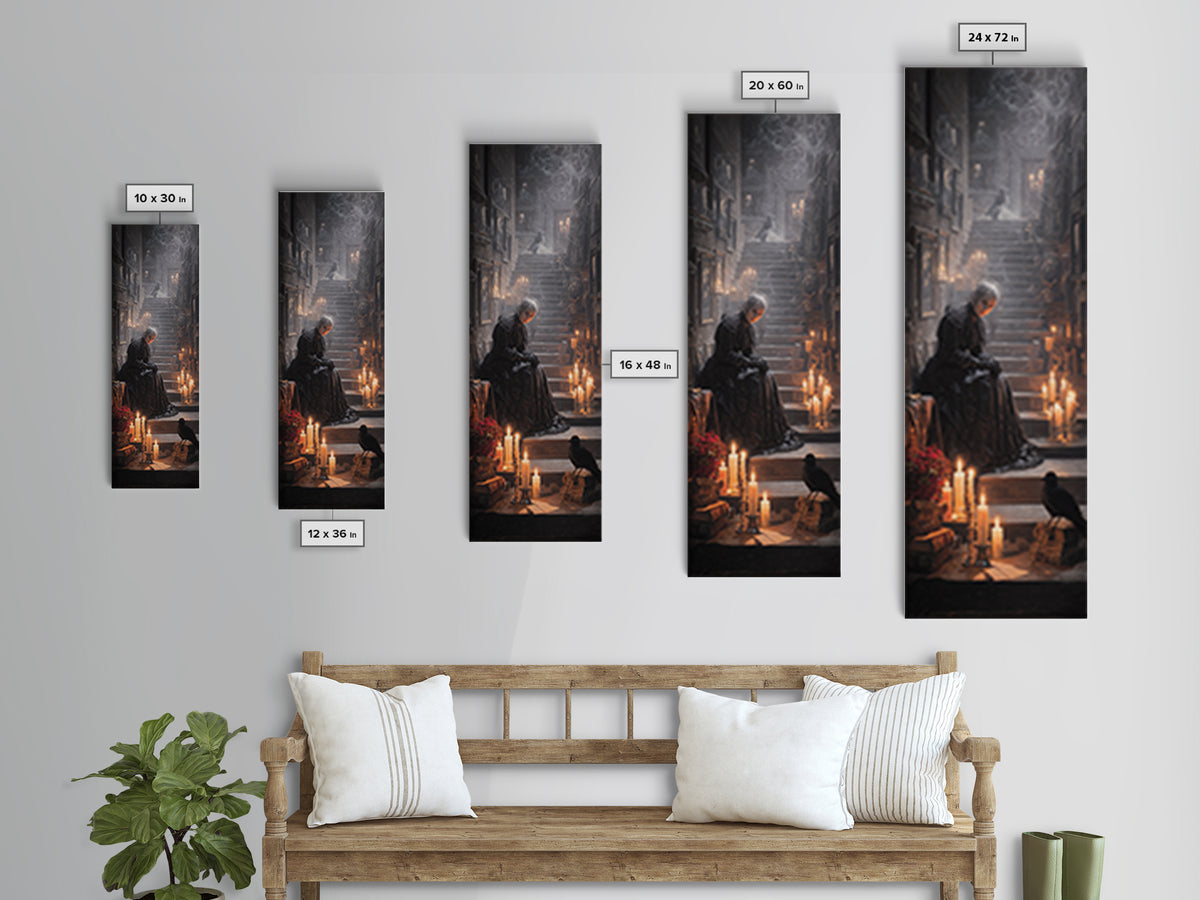 Victorian Mourning Halloween, Architectural Etching Art, Tall Narrow Wall Art, Gothic Horror Wall Art, Framed Canvas Print