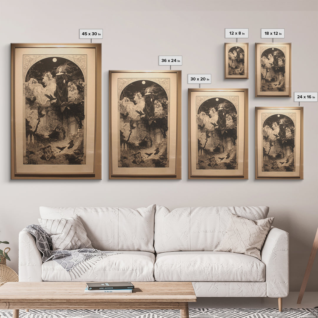 Art Nouveau Witchcraft, Renaissance Engraving Art, Vertical Wall Art, Macabre Wall Art, Framed Canvas Print, Halloween Wall Art