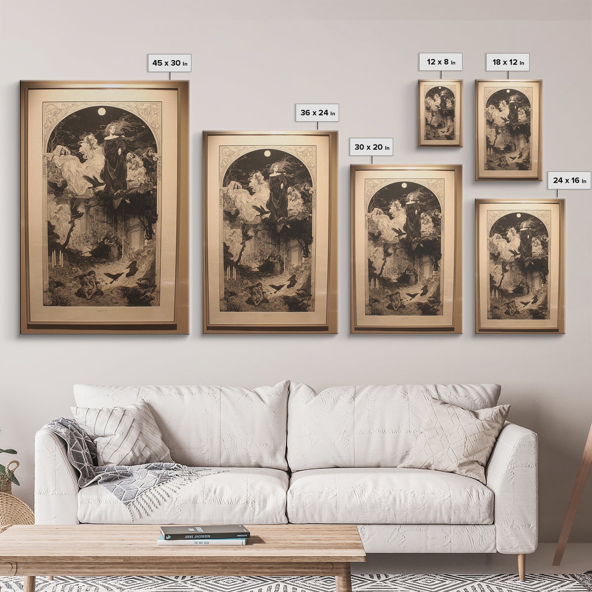 Art Nouveau Witchcraft, Renaissance Engraving Art, Vertical Wall Art, Macabre Wall Art, Framed Canvas Print, Halloween Wall Art