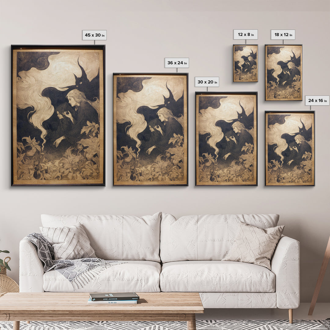 Art Nouveau Witchcraft, Symbolist Dream Art, Vertical Wall Art, Dark Fantasy Wall Art, Framed Canvas Print, Halloween Wall Art