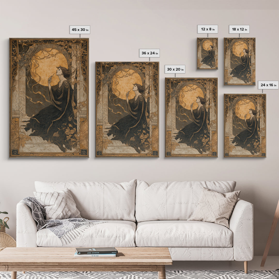 Art Nouveau Witchcraft, Decadent Gothic Art, Vertical Wall Art, Dark Halloween Decor, Framed Canvas Print, Halloween Wall Art