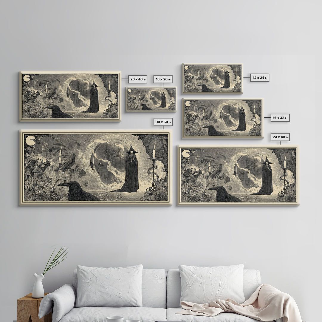 Art Nouveau Witchcraft, Expressionist Nightmare Art, Wide Panoramic Art, Dark Halloween Decor, Framed Canvas Print, Halloween Wall Art