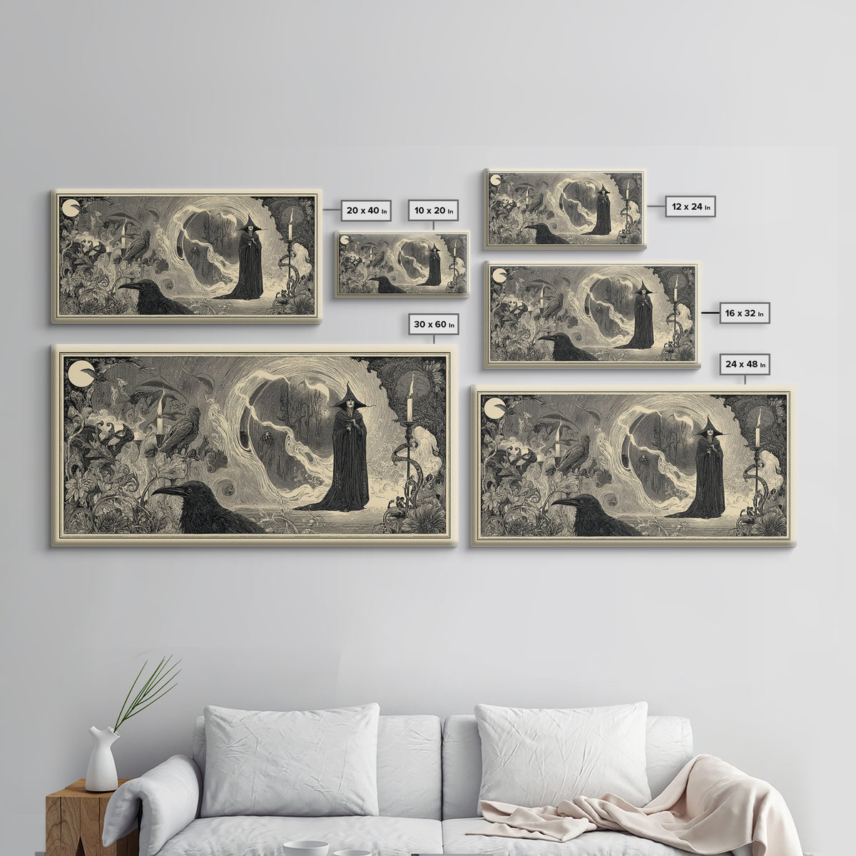 Art Nouveau Witchcraft, Expressionist Nightmare Art, Wide Panoramic Art, Dark Halloween Decor, Framed Canvas Print, Halloween Wall Art
