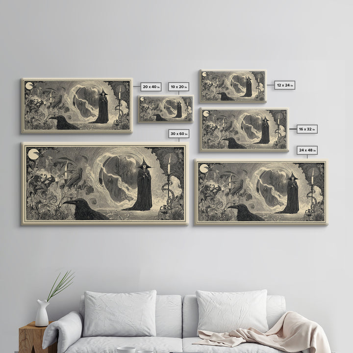 Art Nouveau Witchcraft, Expressionist Nightmare Art, Wide Panoramic Art, Dark Halloween Decor, Framed Canvas Print, Halloween Wall Art