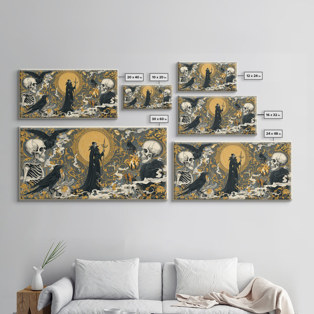 Art Nouveau Witchcraft, Macabre Folk Print Art, Wide Panoramic Art, Dark Fantasy Wall Art, Framed Canvas Print, Halloween Decor
