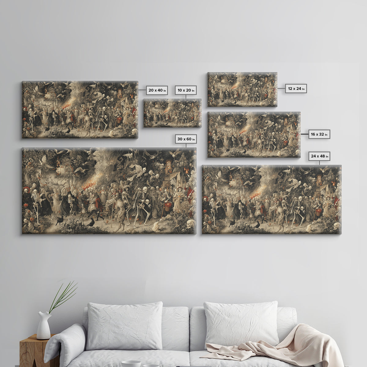 Medieval Danse Macabre, Medieval Grotesque Art, Wide Panoramic Art, Gothic Horror Wall Art, Canvas Print, Halloween Wall Art