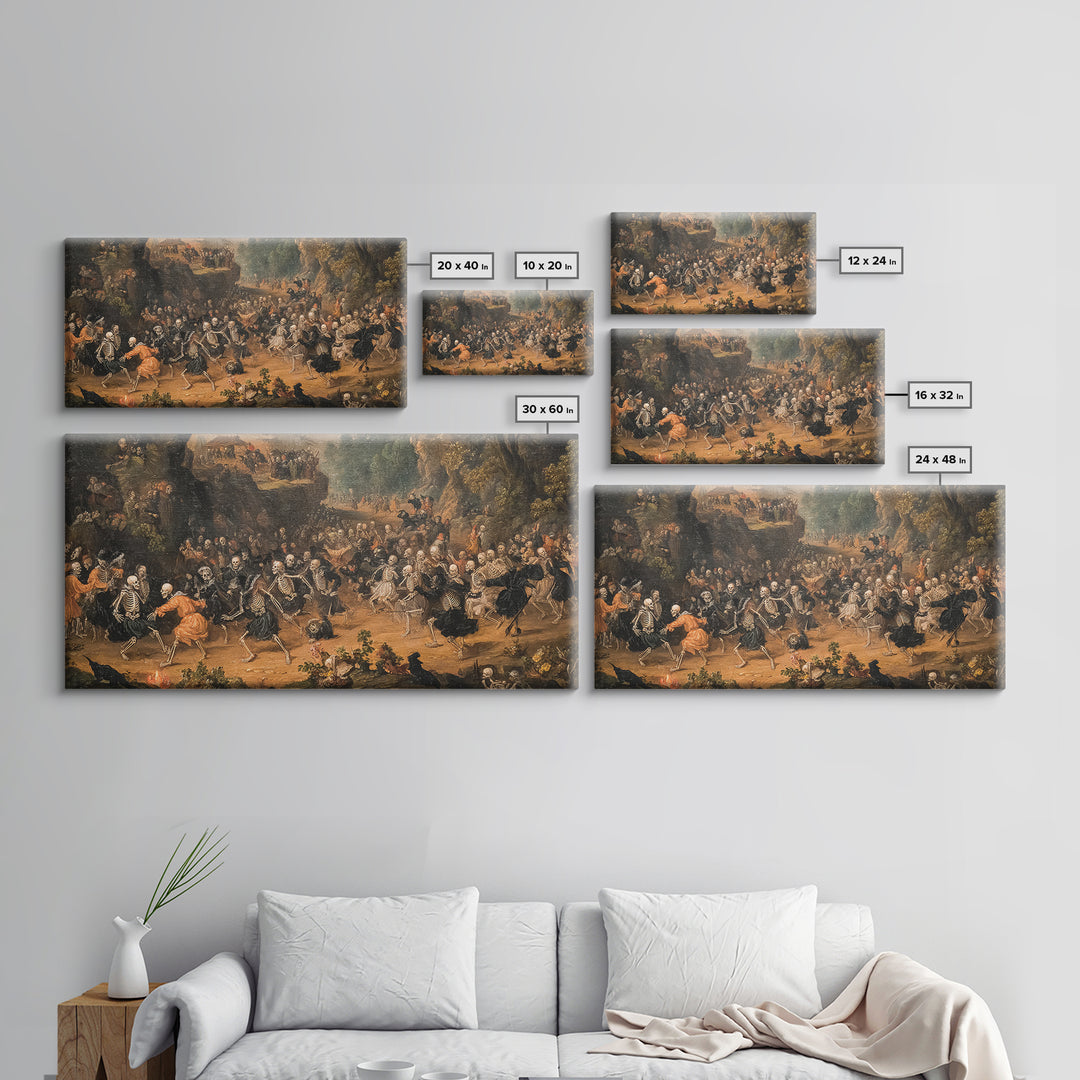 Medieval Danse Macabre, Baroque Witchcraft Art, Wide Panoramic Art, Dark Halloween Decor, Canvas Print, Halloween Wall Art