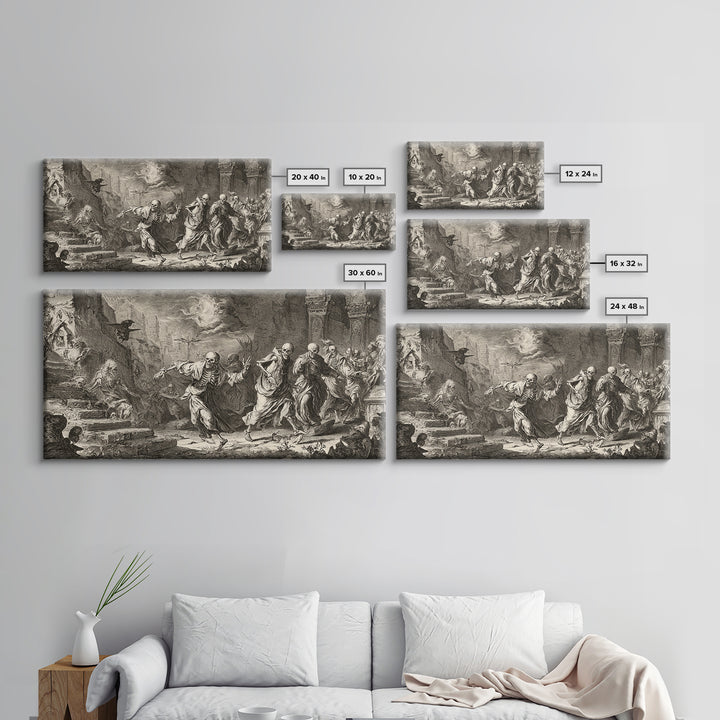 Medieval Danse Macabre, Architectural Etching Art, Wide Panoramic Art, Dark Halloween Decor, Framed Canvas Print