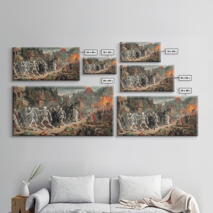 Medieval Danse Macabre, Apocalyptic Romantic Art, Wide Panoramic Art, Gothic Horror Wall Art, Canvas Print, Halloween Wall Art