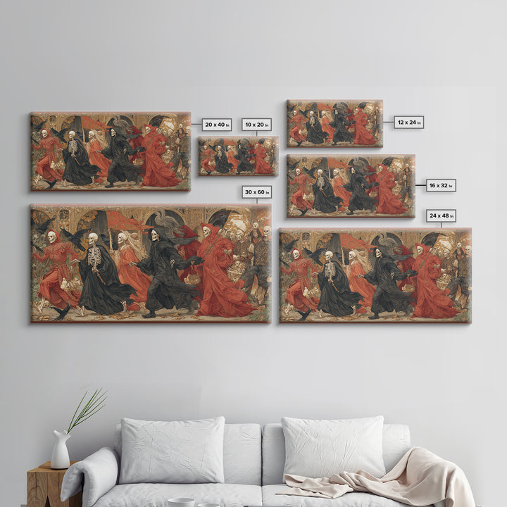 Medieval Danse Macabre, Ornate Symbolist Art, Wide Panoramic Art, Macabre Wall Art, Canvas Print, Halloween Wall Art