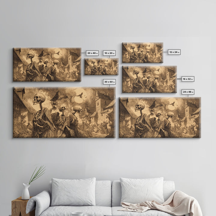 Medieval Danse Macabre, Expressionist Nightmare Art, Wide Panoramic Art, Dark Fantasy Wall Art, Framed Canvas Print, Halloween Wall Art