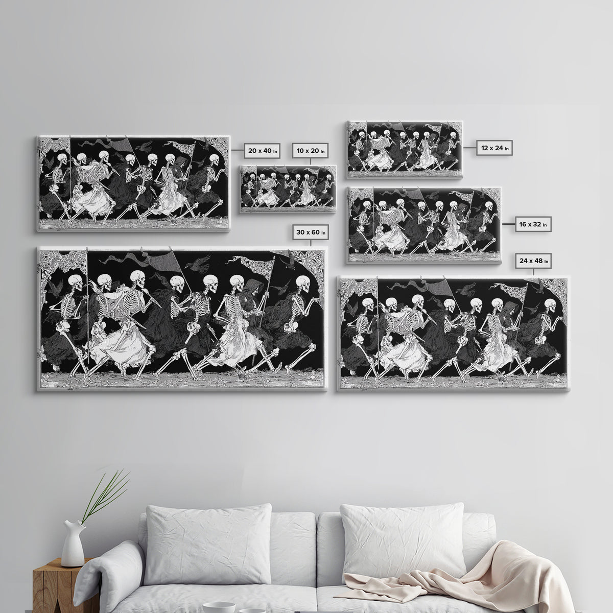 Medieval Danse Macabre, Decadent Line Art, Wide Panoramic Art, Dark Halloween Decor, Canvas Print, Halloween Wall Art