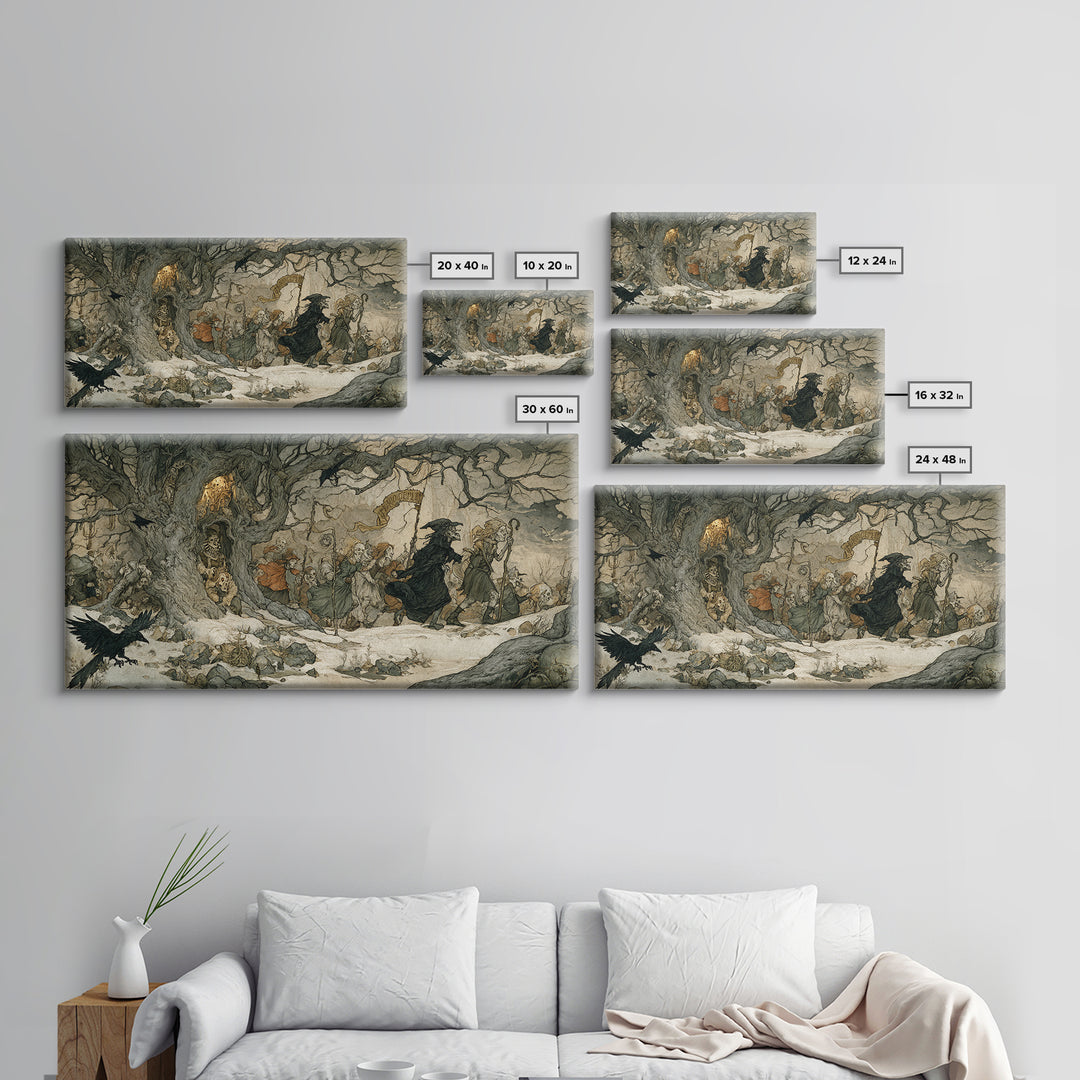 Medieval Danse Macabre, Gothic Storybook Art, Wide Panoramic Art, Dark Halloween Decor, Canvas Print, Halloween Wall Art