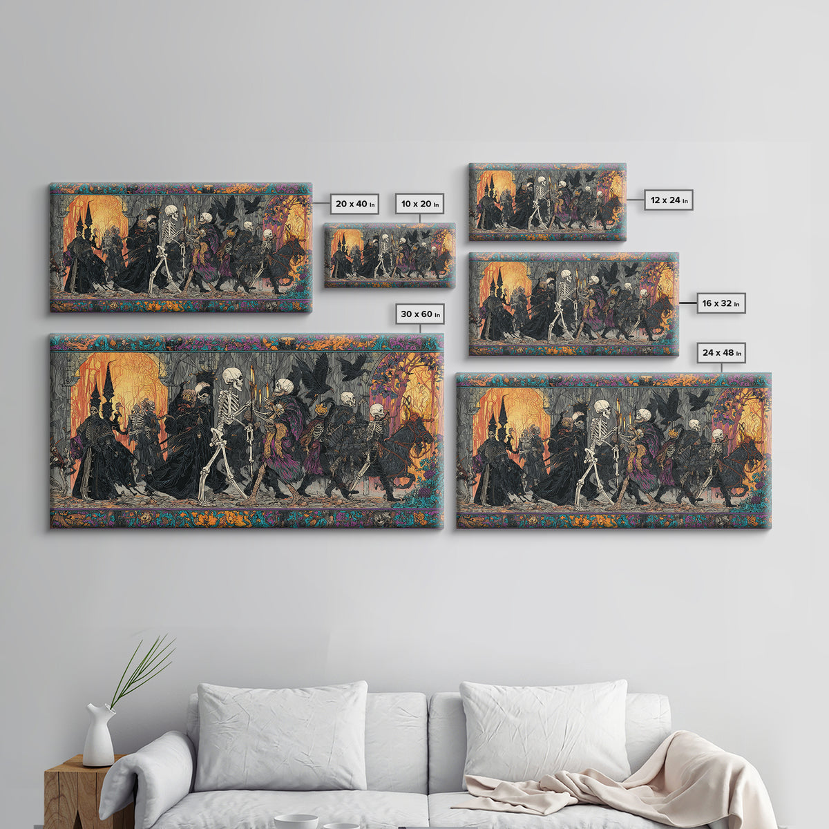 Medieval Danse Macabre, Stained Glass Gothic Art, Wide Panoramic Art, Gothic Horror Wall Art, Framed Canvas Print, Halloween Wall Art