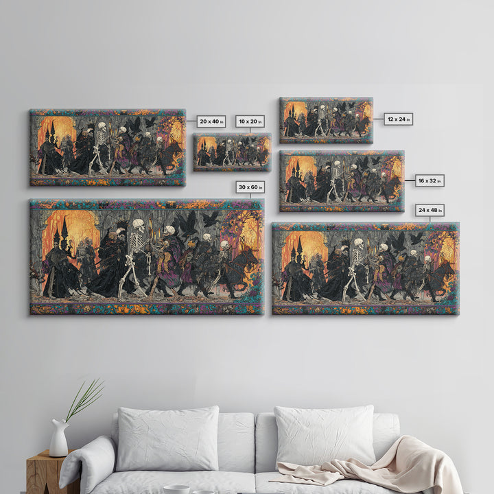 Medieval Danse Macabre, Stained Glass Gothic Art, Wide Panoramic Art, Gothic Horror Wall Art, Framed Canvas Print, Halloween Wall Art