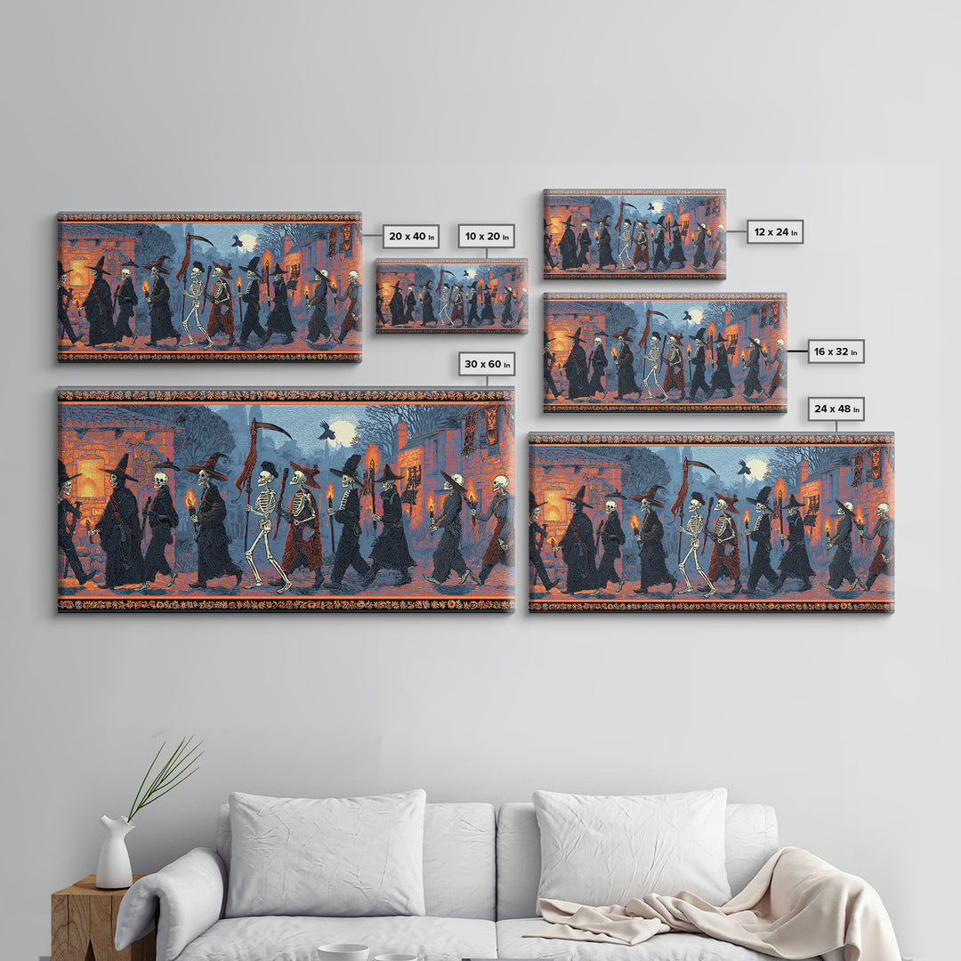Medieval Danse Macabre, Macabre Folk Print Art, Wide Panoramic Art, Dark Fantasy Wall Art, Canvas Print, Halloween Wall Art