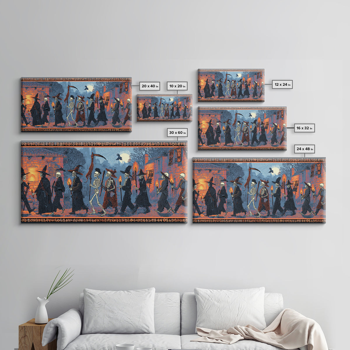 Medieval Danse Macabre, Macabre Folk Print Art, Wide Panoramic Art, Dark Fantasy Wall Art, Canvas Print, Halloween Wall Art