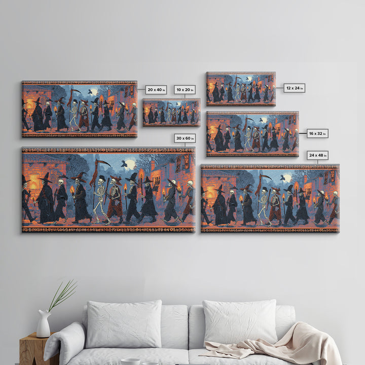 Medieval Danse Macabre, Macabre Folk Print Art, Wide Panoramic Art, Dark Fantasy Wall Art, Canvas Print, Halloween Wall Art