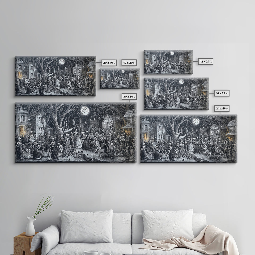 Medieval Danse Macabre, Victorian Macabre Art, Wide Panoramic Art, Gothic Horror Wall Art, Framed Canvas Print, Halloween Wall Art