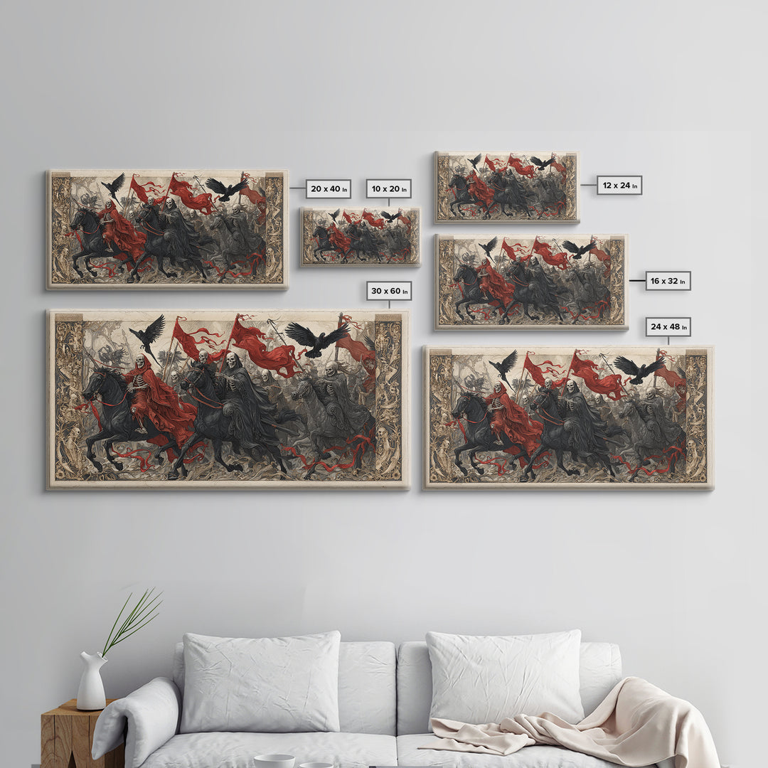 Medieval Danse Macabre, Biomechanical Horror Art, Wide Panoramic Art, Dark Halloween Decor, Canvas Print, Halloween Wall Art