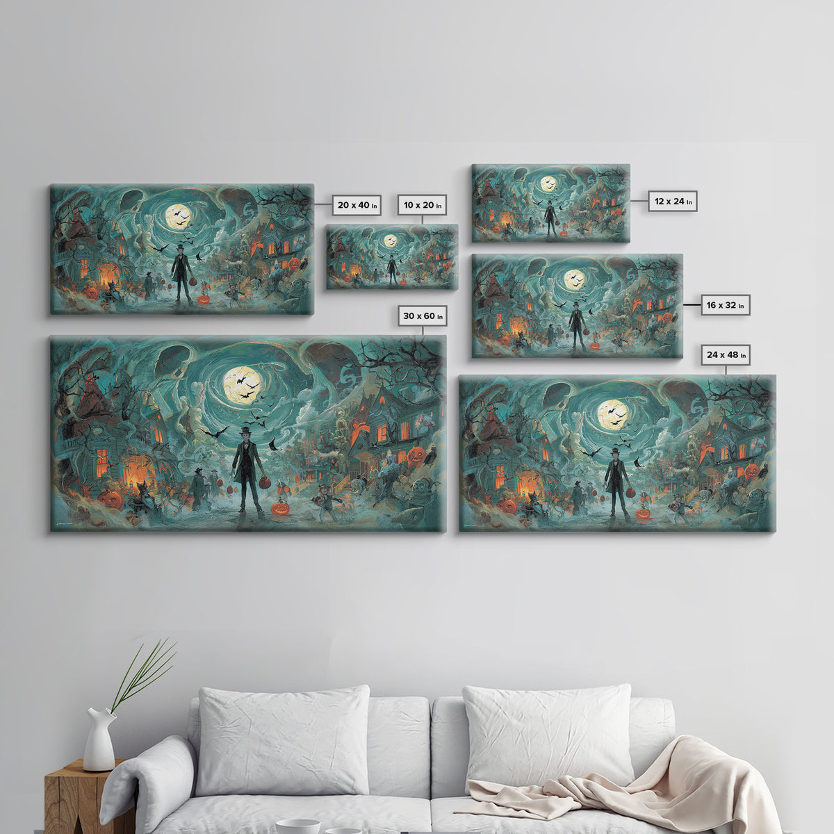 1950s Halloween Nostalgia, Apocalyptic Romantic Art, Wide Panoramic Art, Macabre Wall Art, Framed Canvas Print, Halloween Wall Art