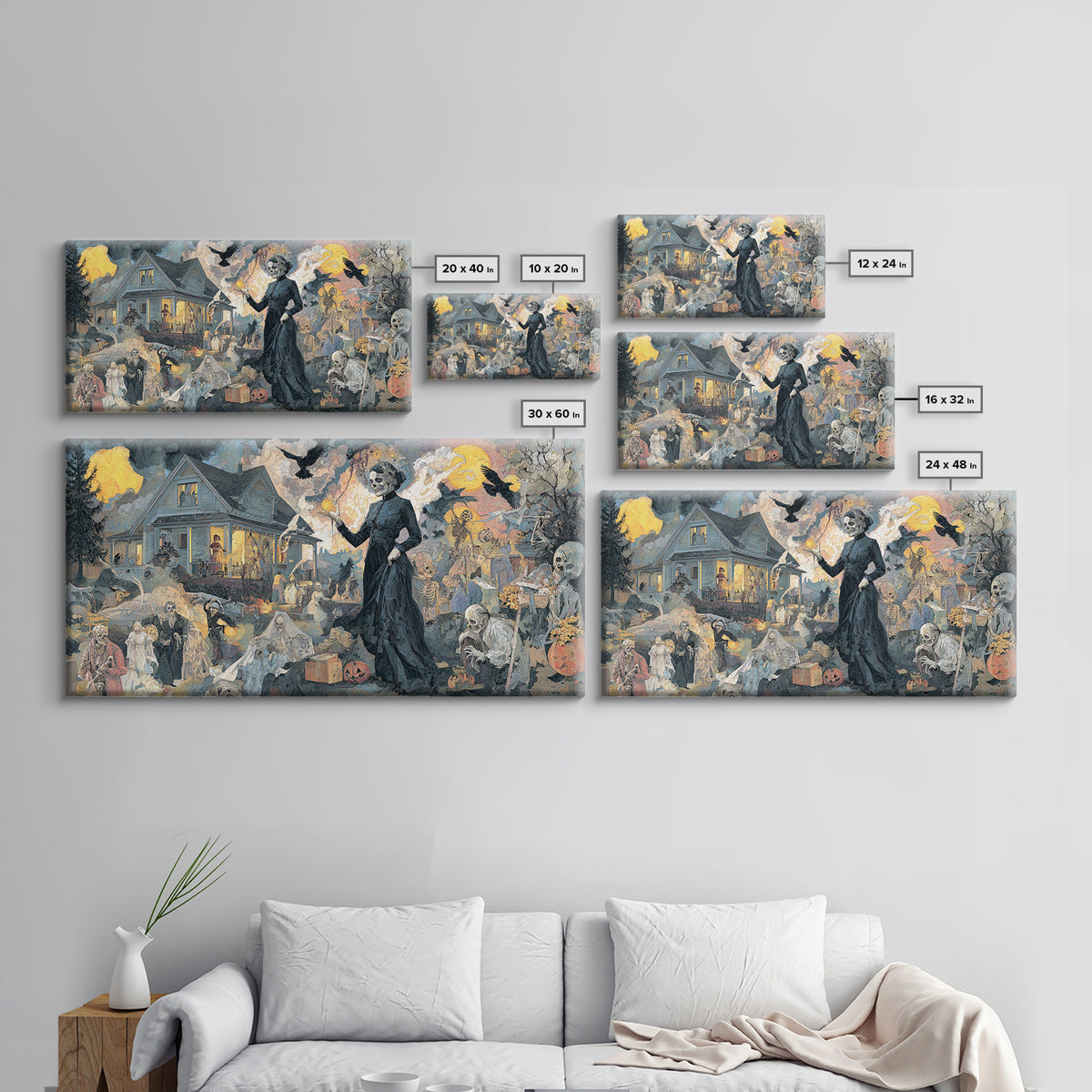1950s Halloween Nostalgia, Grotesque Carnival Art, Wide Panoramic Art, Dark Halloween Decor, Framed Canvas Print, Halloween Wall Art