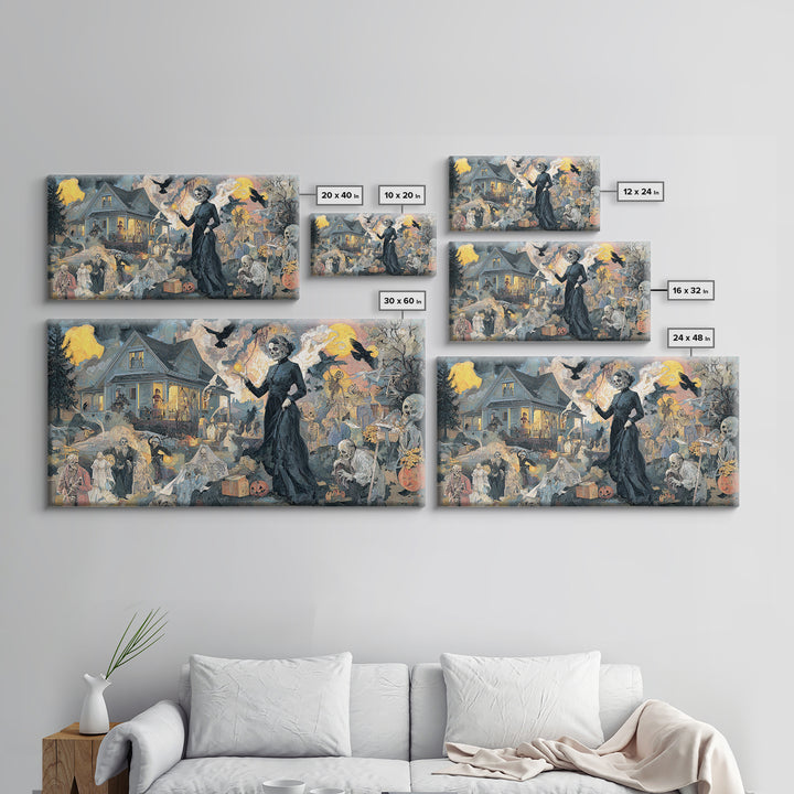 1950s Halloween Nostalgia, Grotesque Carnival Art, Wide Panoramic Art, Dark Halloween Decor, Framed Canvas Print, Halloween Wall Art