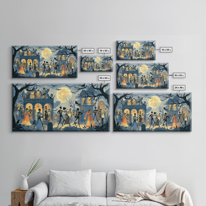 1950s Halloween Nostalgia, Macabre Folk Print Art, Wide Panoramic Art, Dark Halloween Decor, Canvas Print, Halloween Wall Art