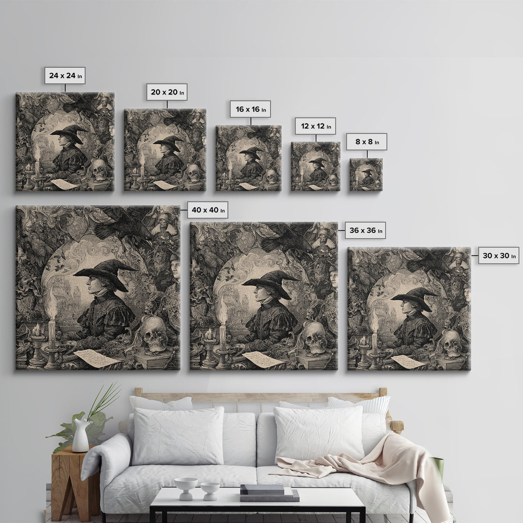 Dark Academia Halloween, Renaissance Engraving Art, Square Wall Art, Gothic Horror Wall Art, Canvas Print, Halloween Wall Art
