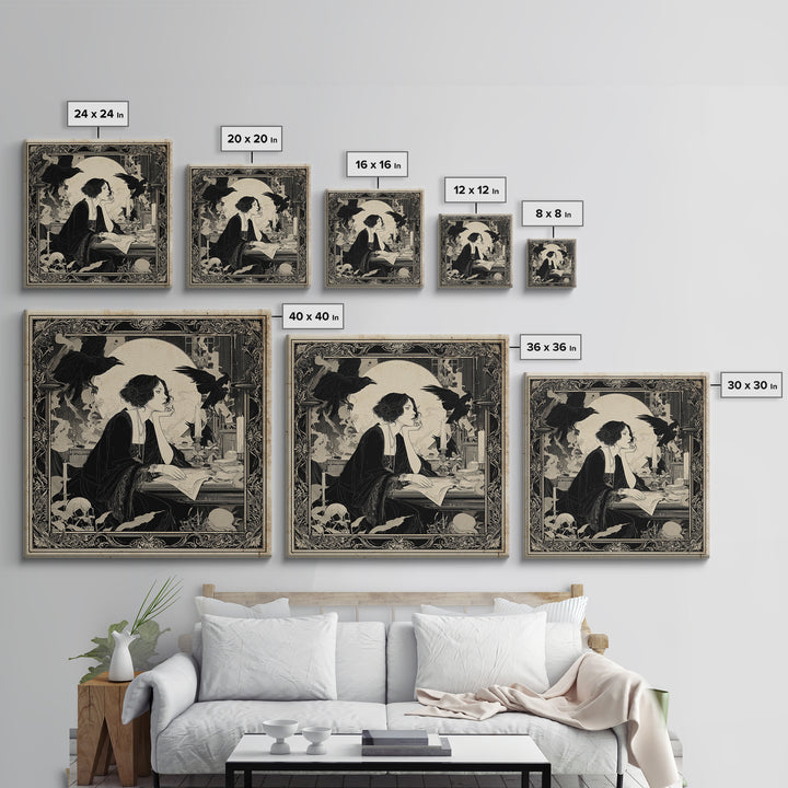 Dark Academia Halloween, Decadent Line Art, Square Wall Art, Dark Halloween Decor, Framed Canvas Print, Halloween Wall Art
