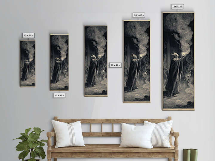 Celestial Witchcraft, Gothic Engraving Art, Tall Narrow Wall Art, Dark Fantasy Wall Art, Framed Canvas Print, Halloween Wall Art