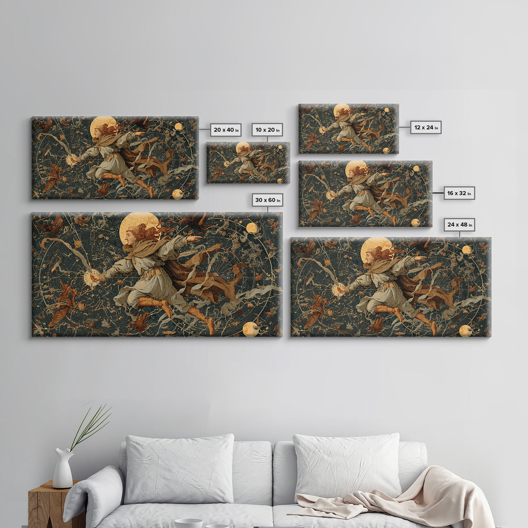 Celestial Witchcraft, Medieval Grotesque Art, Wide Panoramic Art, Macabre Wall Art, Framed Canvas Print, Halloween Wall Art