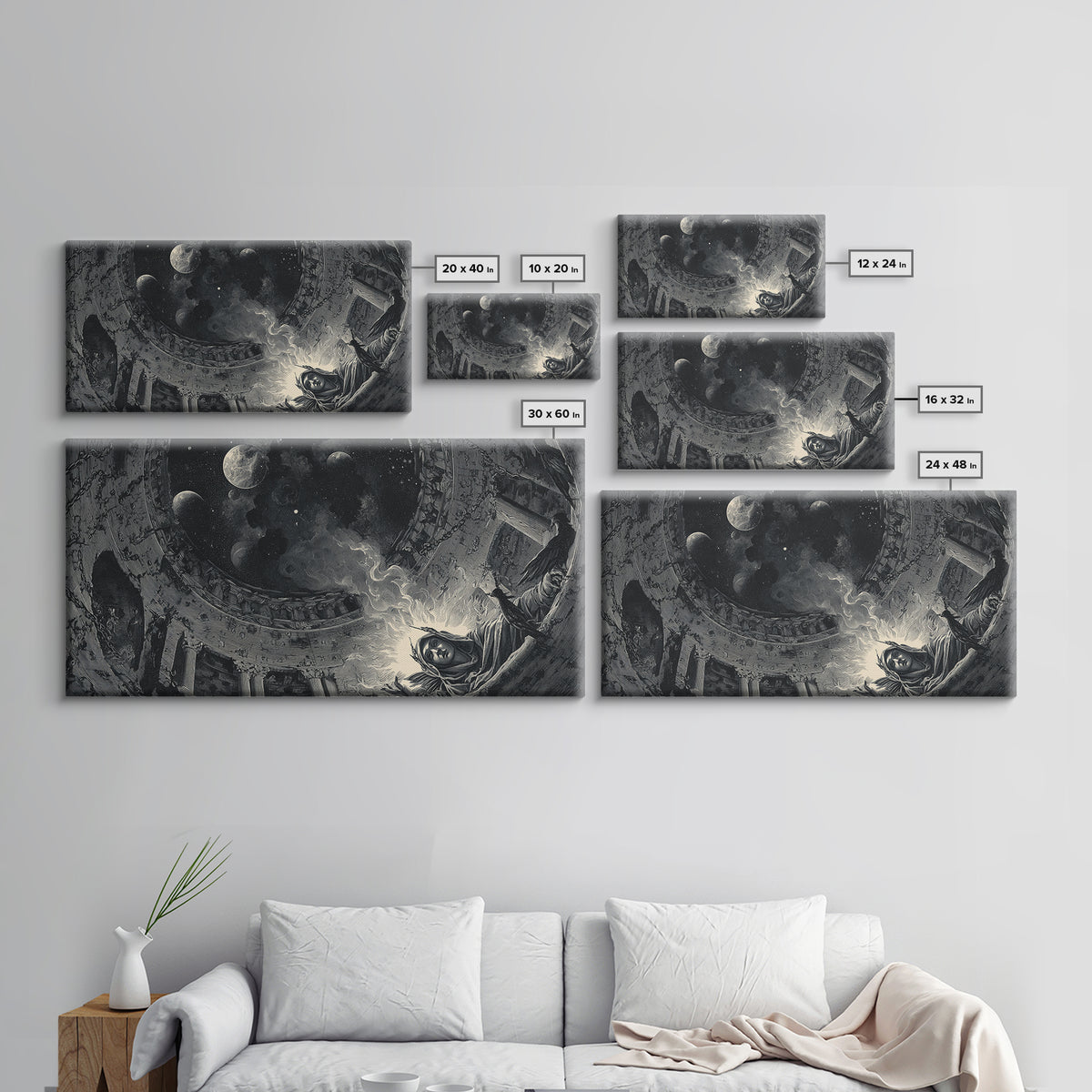 Celestial Witchcraft, Architectural Etching Art, Wide Panoramic Art, Gothic Horror Wall Art, Framed Canvas Print