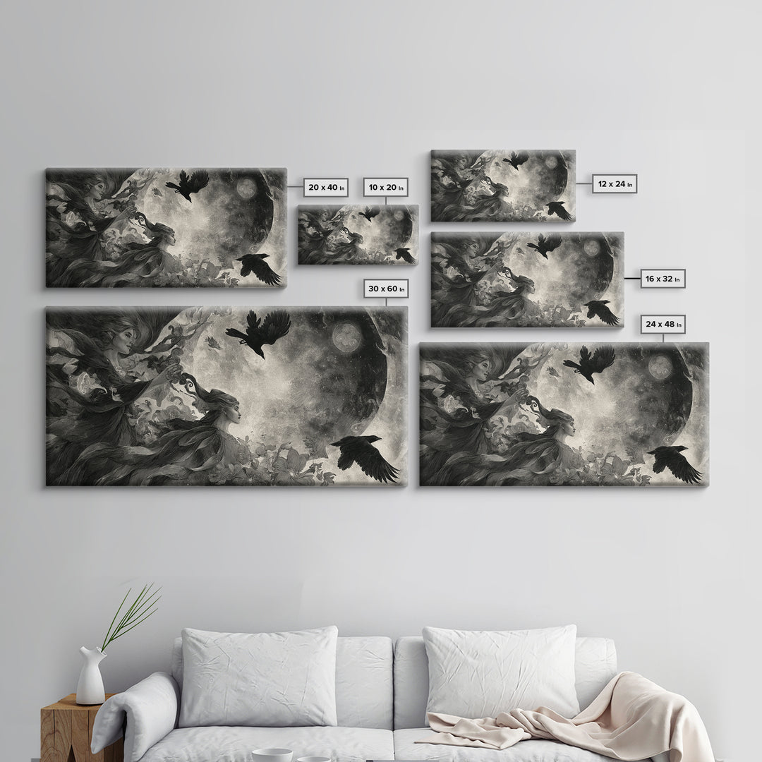 Celestial Witchcraft, Symbolist Dream Art, Wide Panoramic Art, Dark Fantasy Wall Art, Framed Canvas Print, Halloween Wall Art