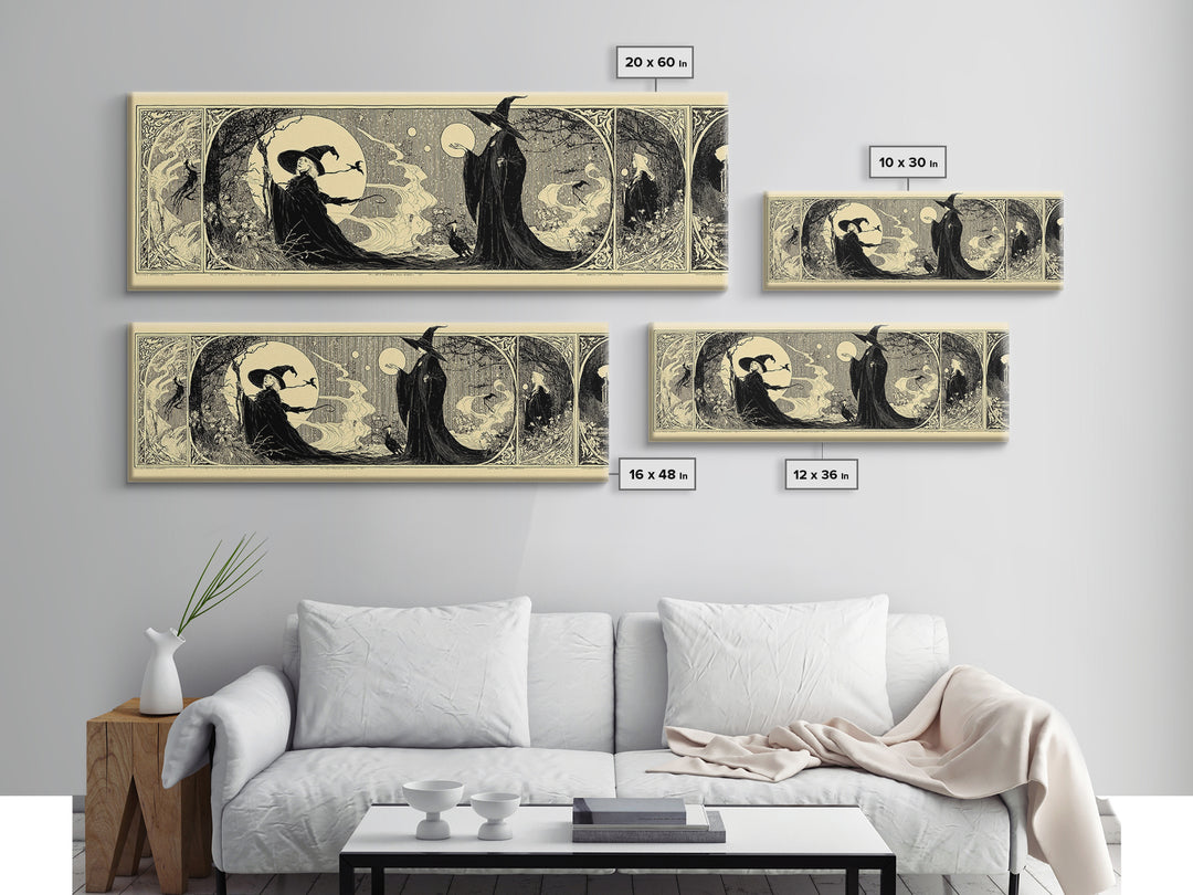 Celestial Witchcraft, Decadent Line Art, Extra Wide Wall Art, Macabre Wall Art, Framed Canvas Print, Halloween Wall Art