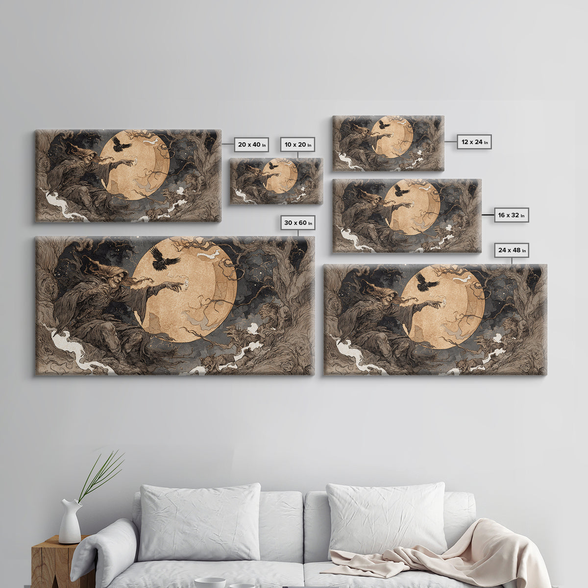 Celestial Witchcraft, Gothic Storybook Art, Wide Panoramic Art, Dark Halloween Decor, Canvas Print, Halloween Wall Art