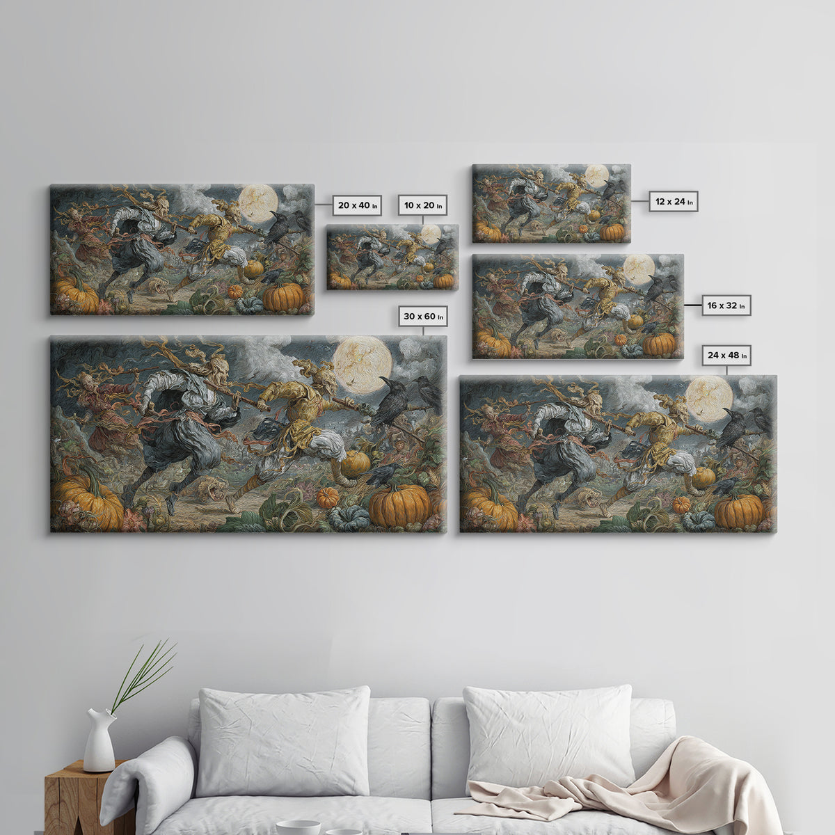 Occult Harvest Festival, Gothic Engraving Art, Wide Panoramic Art, Macabre Wall Art, Framed Canvas Print, Halloween Wall Art
