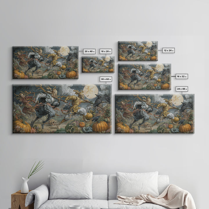 Occult Harvest Festival, Gothic Engraving Art, Wide Panoramic Art, Macabre Wall Art, Framed Canvas Print, Halloween Wall Art
