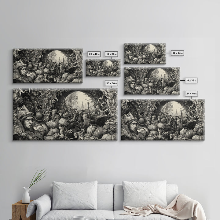 Occult Harvest Festival, Renaissance Engraving Art, Wide Panoramic Art, Gothic Horror Wall Art, Framed Canvas Print, Halloween Wall Art