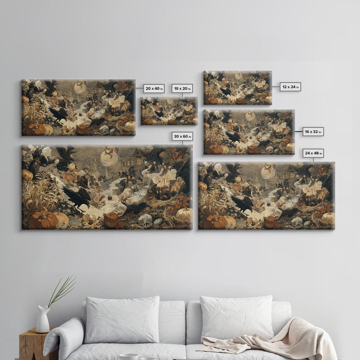 Occult Harvest Festival, Symbolist Etching Art, Wide Panoramic Art, Macabre Wall Art, Framed Canvas Print, Halloween Wall Art
