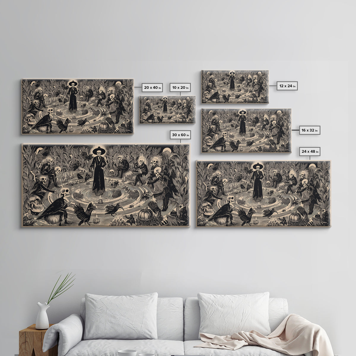 Occult Harvest Festival, Macabre Folk Print Art, Wide Panoramic Art, Macabre Wall Art, Framed Canvas Print, Halloween Wall Art