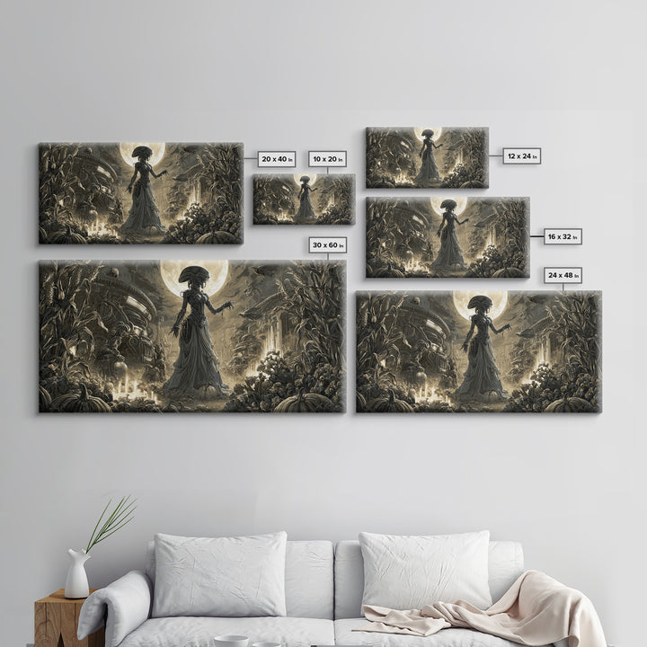 Occult Harvest Festival, Biomechanical Horror Art, Wide Panoramic Art, Gothic Horror Wall Art, Framed Canvas Print, Halloween Wall Art