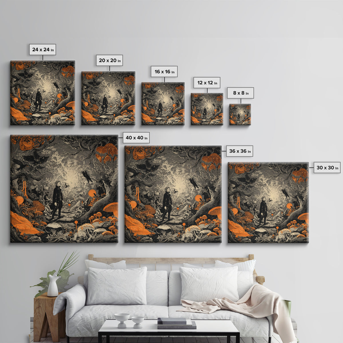 Enchanted Woodland Halloween, Symbolist Etching Art, Square Wall Art, Dark Fantasy Wall Art, Canvas Print, Halloween Wall Art