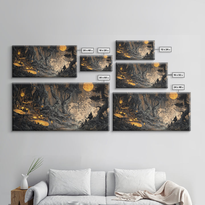 Enchanted Woodland Halloween, Expressionist Nightmare Art, Wide Panoramic Art, Dark Halloween Decor, Canvas Print, Halloween Wall Art