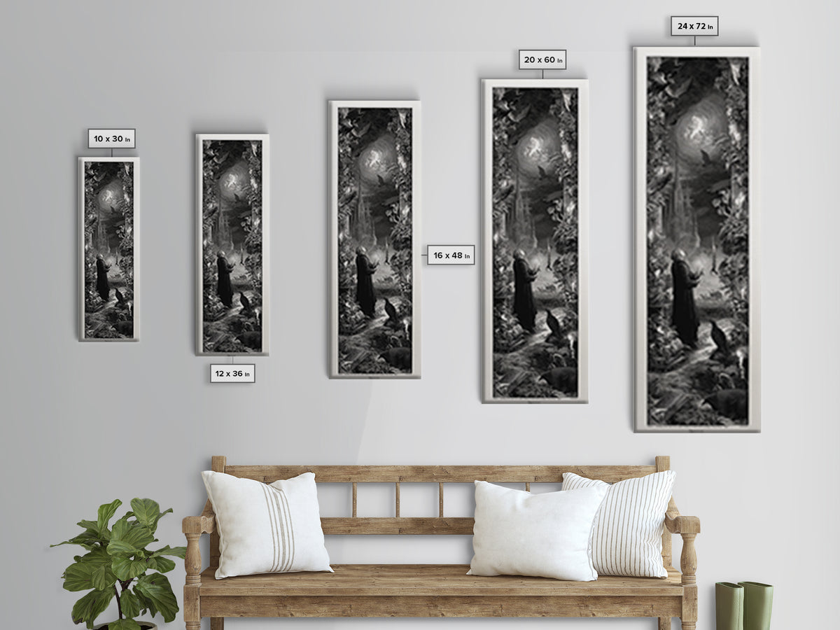 Gothic Romance, Gothic Engraving Art, Tall Narrow Wall Art, Dark Halloween Decor, Framed Canvas Print, Halloween Wall Art