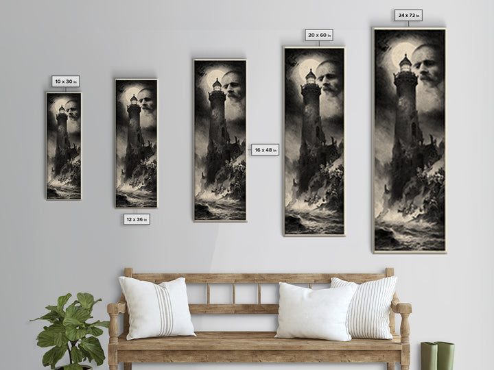 Haunted Seaside Halloween, Gothic Engraving Art, Tall Narrow Wall Art, Macabre Wall Art, Framed Canvas Print, Halloween Wall Art