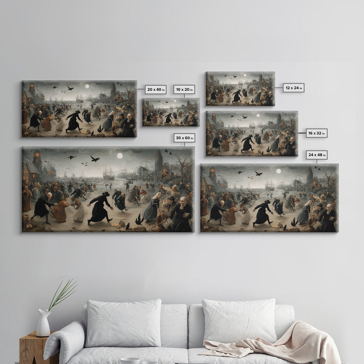 Haunted Seaside Halloween, Northern Renaissance Horror, Wide Panoramic Art, Gothic Horror Wall Art, Framed Canvas Print